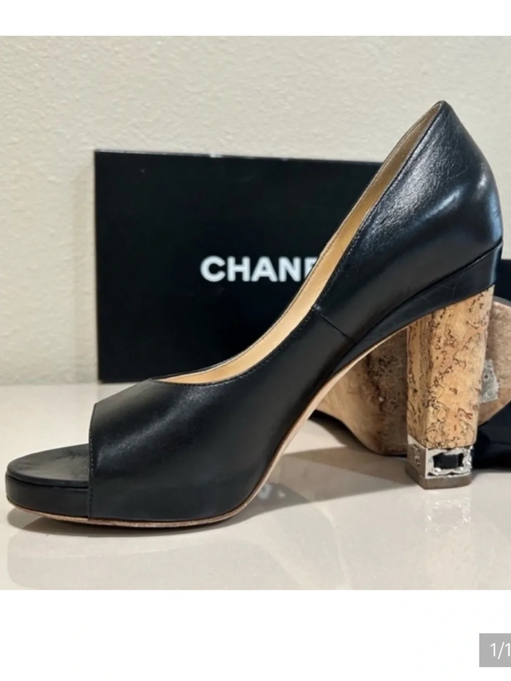 CHANEL Black Leather Cork Block Heel Peep-Toe Pumps EUC